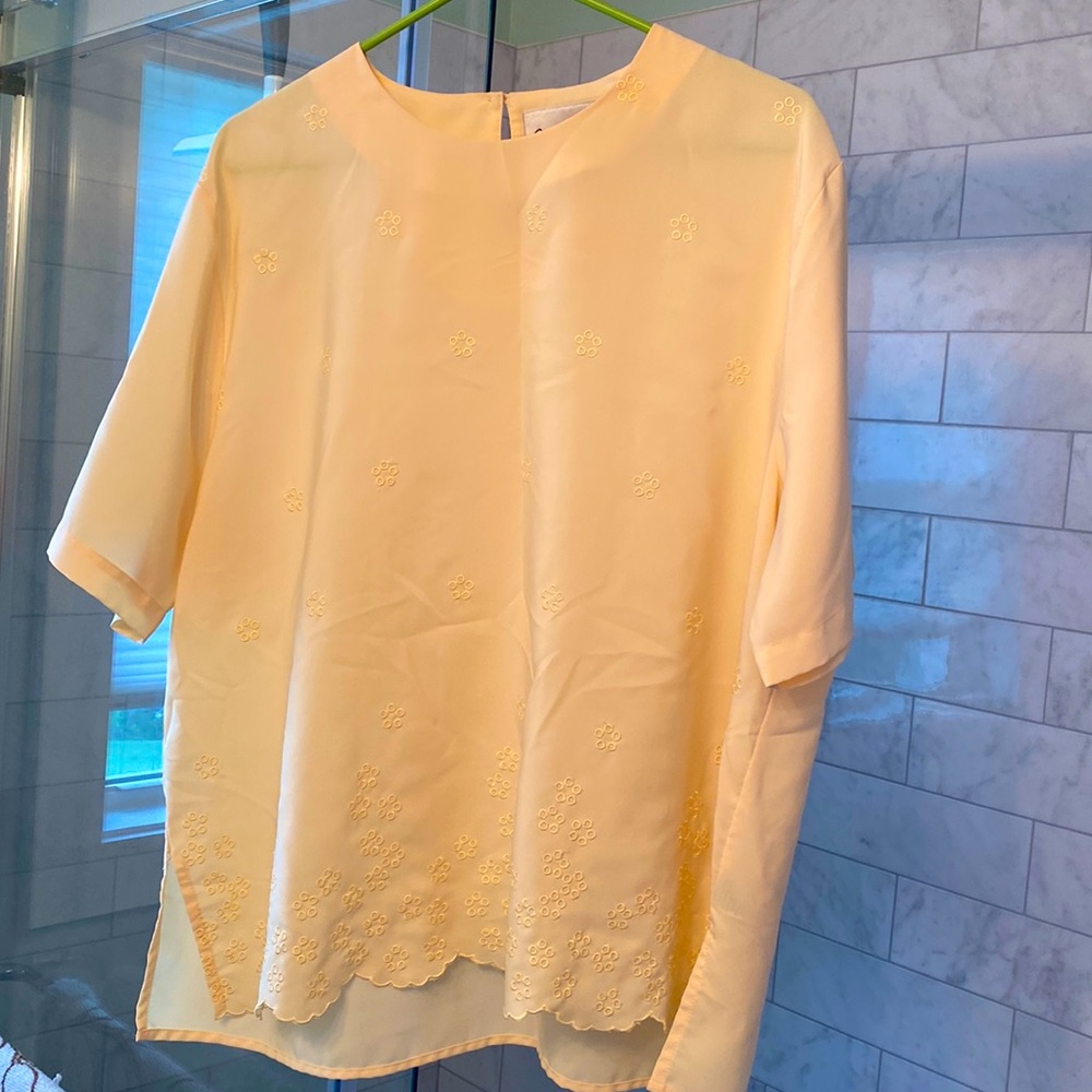 90s Pastel Yellow Lace Embroidered Short Sleeve Blouse Plus Size 18W